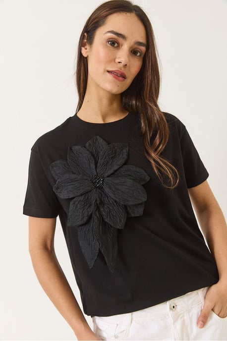 Blumenmuster Rundhalsausschnitt T-Shirt mit Accessoire-Detail - Image 4