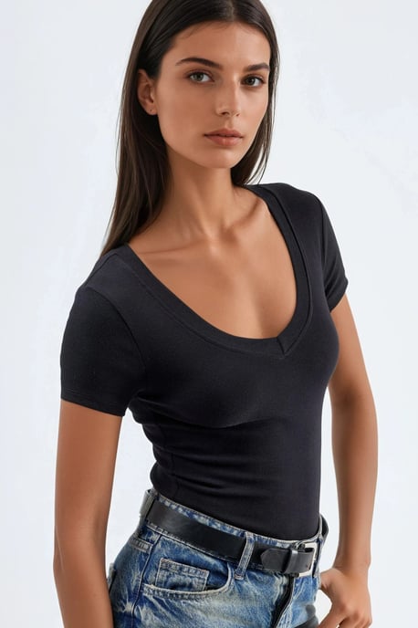 Elastisches V-Ausschnitt Kurzarm-T-Shirt - Image 2