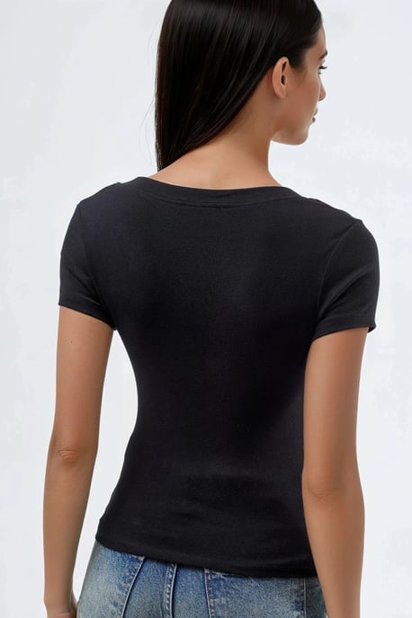 Elastisches V-Ausschnitt Kurzarm-T-Shirt - Image 3