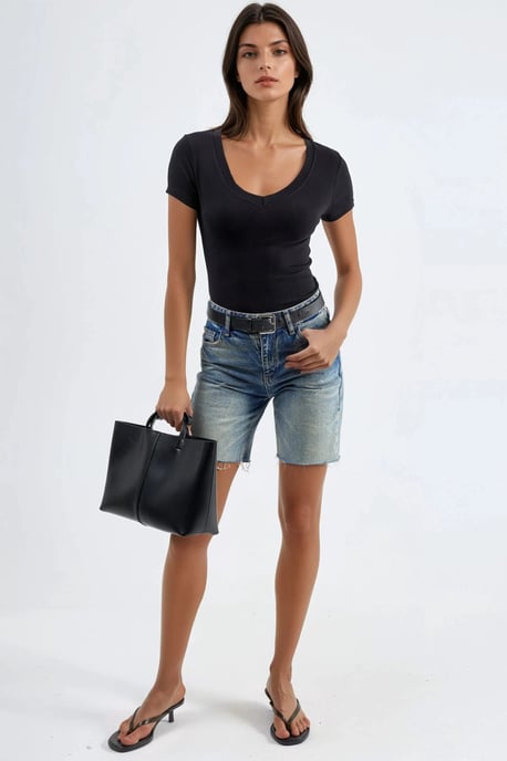 Elastisches V-Ausschnitt Kurzarm-T-Shirt - Image 4