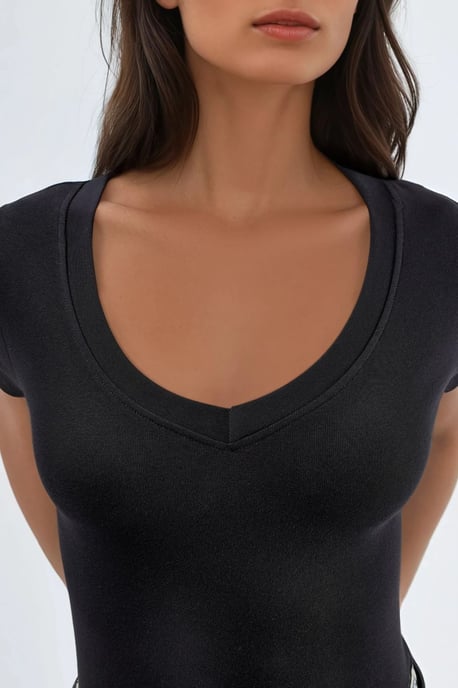 Elastisches V-Ausschnitt Kurzarm-T-Shirt - Image 5