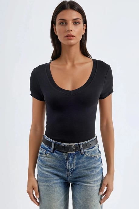 Elastisches V-Ausschnitt Kurzarm-T-Shirt - Image 6