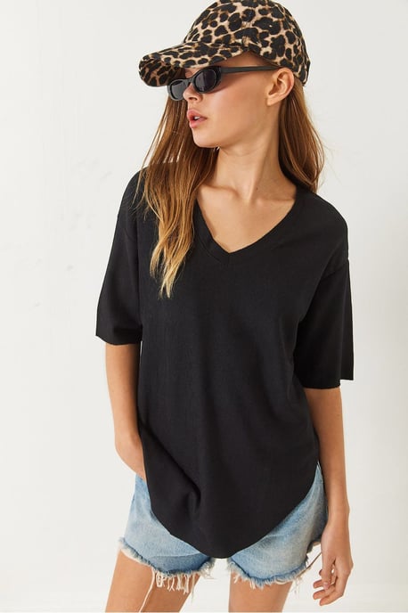V-Ausschnitt Strick Kurzarm-T-Shirt - Image 2