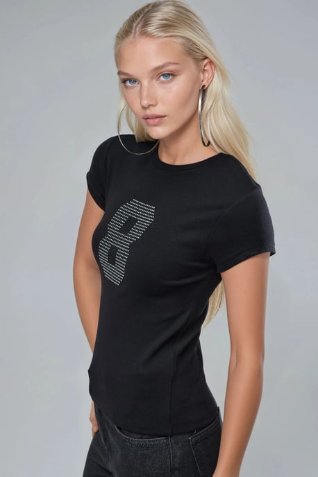 Kurzarm-Stretch-Strick-T-Shirt mit Stein-Detail - Image 2