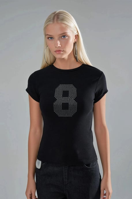 Kurzarm-Stretch-Strick-T-Shirt mit Stein-Detail - Image 6
