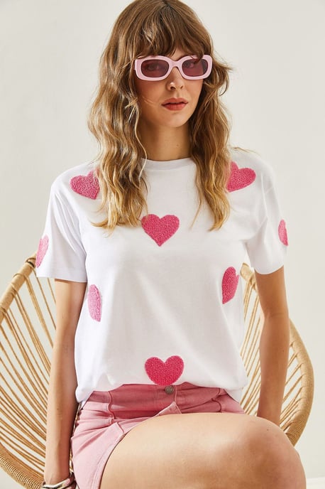 Herz-Muster besticktes Rundhals-T-Shirt - Image 3
