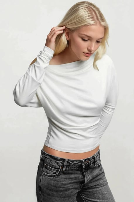 Asymmetrischer Kragen Langarm Elastisches Strick-T-Shirt - Image 2