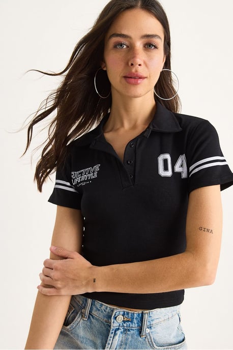 Bedrucktes Polo-Kragen Tailliertes Crop-Top T-Shirt - Image 1