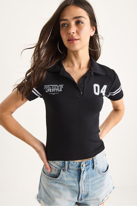 Bedrucktes Polo-Kragen Tailliertes Crop-Top T-Shirt - Image 2