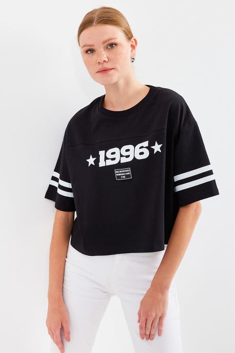Übergröße Crew Neck Crop T-Shirt mit Motto-Druck - Image 3