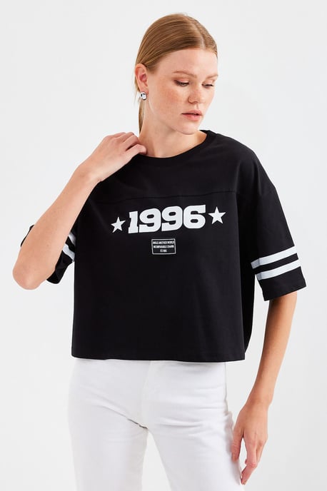 Übergröße Crew Neck Crop T-Shirt mit Motto-Druck - Image 4