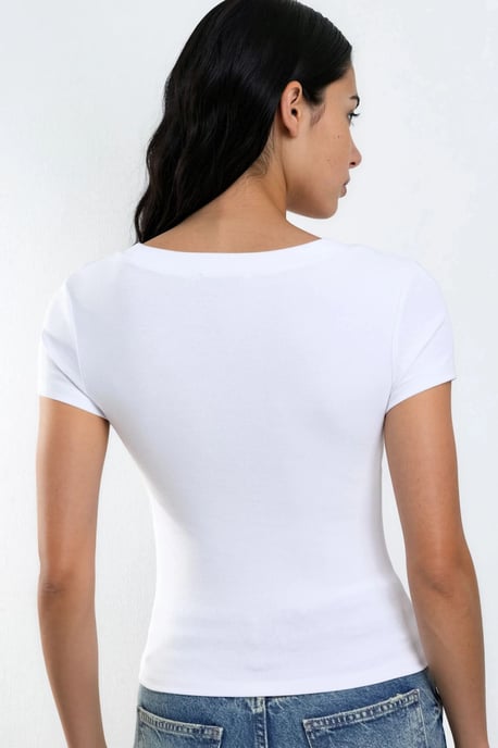 Elastisches V-Ausschnitt Kurzarm-T-Shirt - Image 3