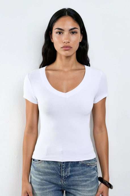 Elastisches V-Ausschnitt Kurzarm-T-Shirt - Image 4