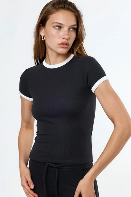 Rippstrick Crew Neck Kurzarm T-Shirt - Image 2
