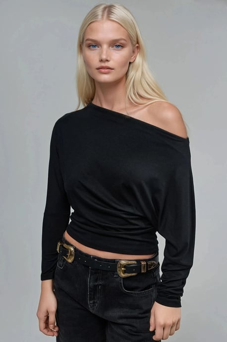 Asymmetrisches Kragen Langarm Elastisches Strick T-Shirt - Image 1