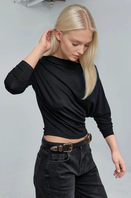 Asymmetrisches Kragen Langarm Elastisches Strick T-Shirt - Image 2