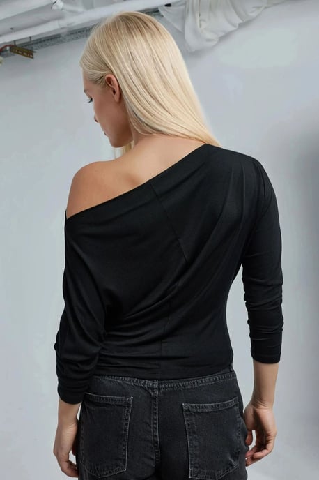 Asymmetrisches Kragen Langarm Elastisches Strick T-Shirt - Image 3