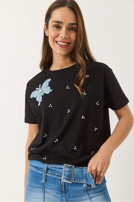 Bianco Lucci Besticktes Rundhals-T-Shirt - Schwarz - Image 2