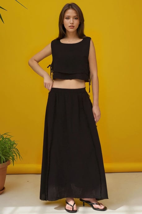 Elastischer Taillenrock mit seitlichem Bindeband-Bluse Muslin Set - Image 4