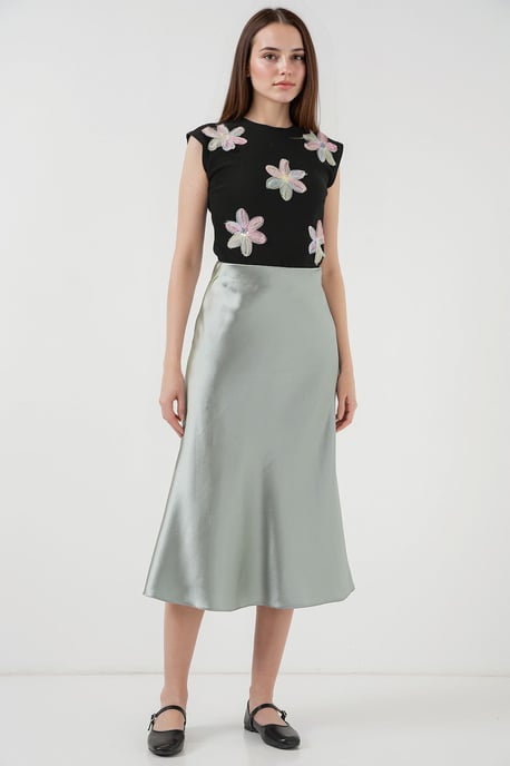 Satin A-Linien Midi-Rock mit elastischem Bund - Image 1