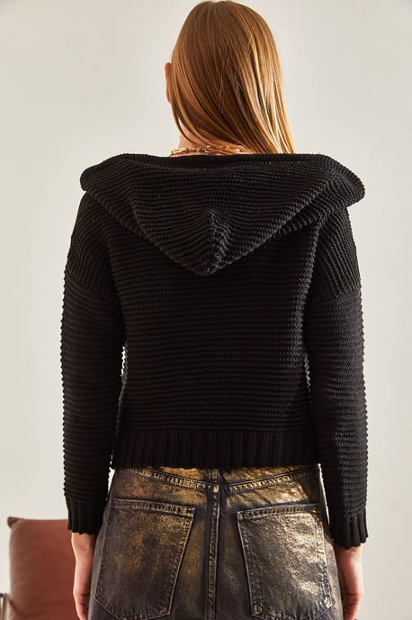 Bianco Lucci Strukturierter Cropped-Hoodie mit Kapuze und Bommel - Schwarz - Image 2