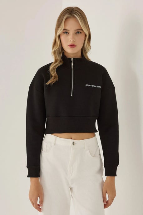 Reißverschluss-Kragen Crop-Slogan-Sweatshirt - Image 1