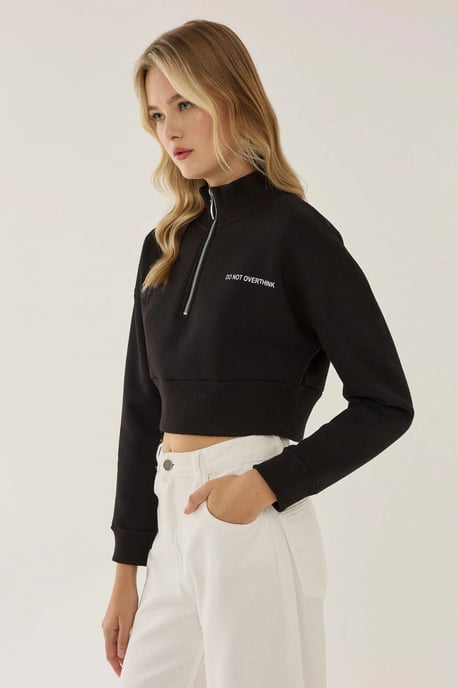 Reißverschluss-Kragen Crop-Slogan-Sweatshirt - Image 3