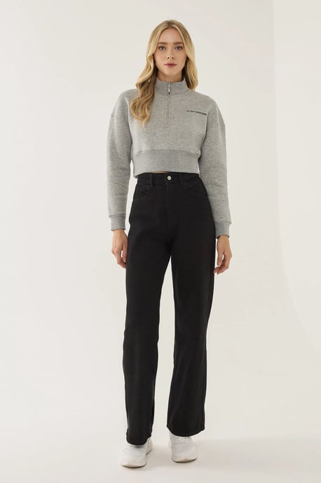 Reißverschluss-Kragen Crop Slogan Sweatshirt - Image 2