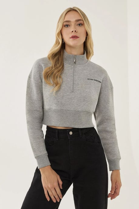 Reißverschluss-Kragen Crop Slogan Sweatshirt - Image 3