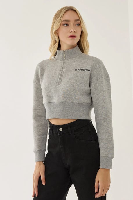 Reißverschluss-Kragen Crop Slogan Sweatshirt - Image 4
