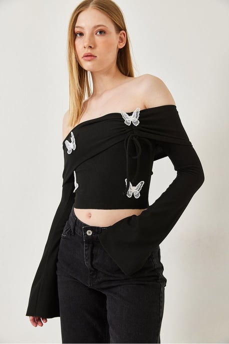 Bianco Lucci Bestickte Kurzbluse mit Madonna-Kragen - Schwarz - Image 2