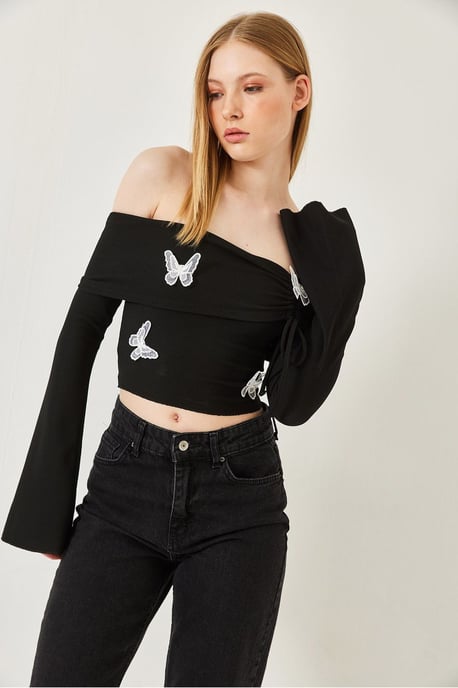 Bianco Lucci Bestickte Kurzbluse mit Madonna-Kragen - Schwarz - Image 3