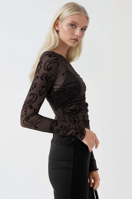 Figurbetonte Longsleeve-Tüllbluse mit Flockdruck - Image 2