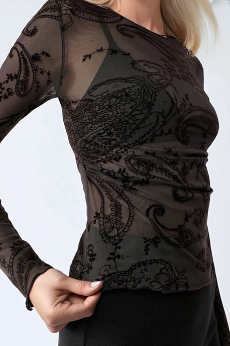 Figurbetonte Longsleeve-Tüllbluse mit Flockdruck - Image 5