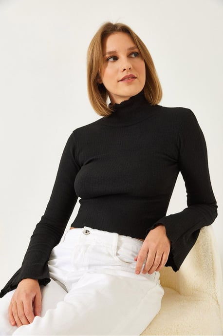 Rippstrukturierter Halbkragen-Crop-Top-Bluse - Image 2
