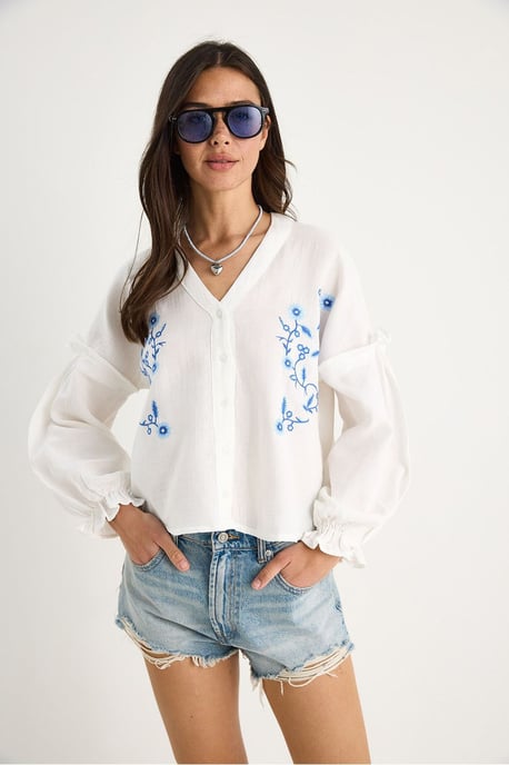 Bestickte V-Ausschnitt-Crop-Bluse - Image 2