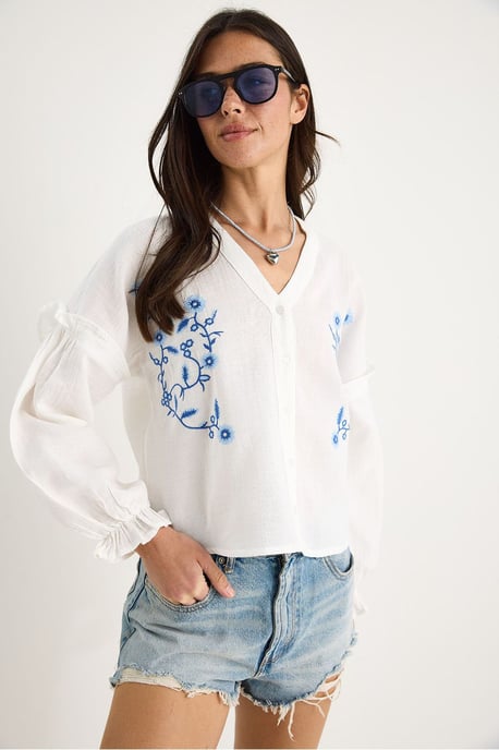 Bestickte V-Ausschnitt-Crop-Bluse - Image 3