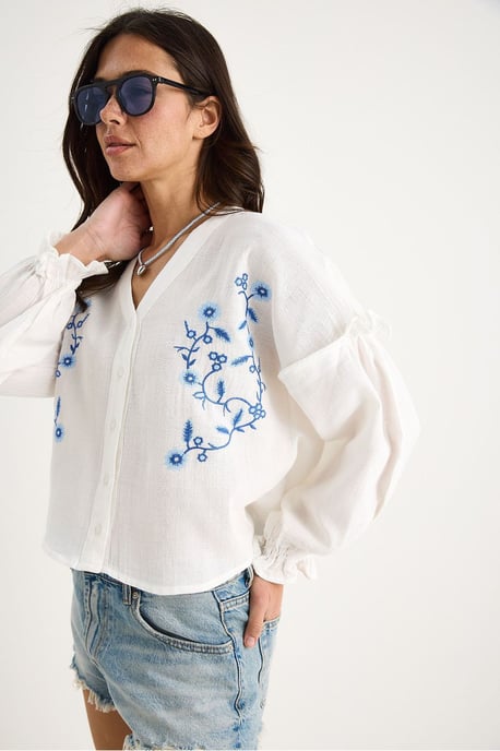 Bestickte V-Ausschnitt-Crop-Bluse - Image 4
