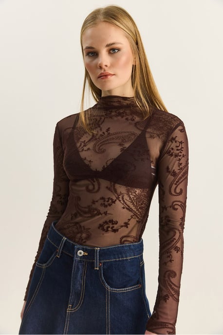 Paisley-Print Cut-Out Halbpolokragenbluse - Image 2