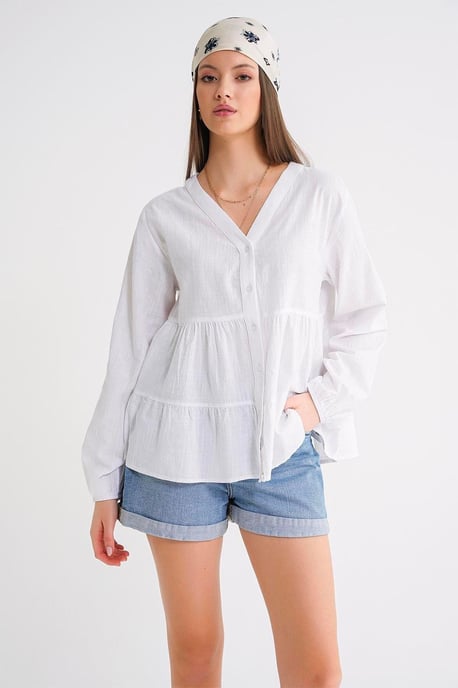Langärmlige, gestufte V-Ausschnitt-Bluse - Image 1