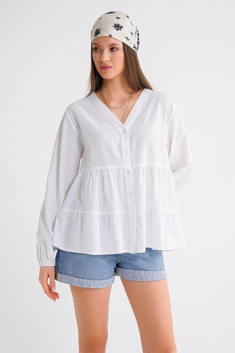 Langärmlige, gestufte V-Ausschnitt-Bluse - Image 3