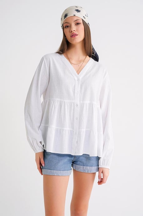 Langärmlige, gestufte V-Ausschnitt-Bluse - Image 4