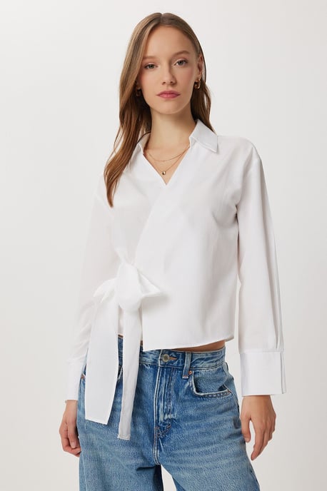 Doppelt gefütterte Popeline-Bluse mit Bindegürtel - Image 1
