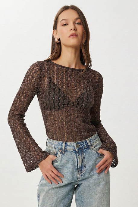 Spitzen Rundhalsausschnitt Bluse mit langen Ärmeln - Image 2