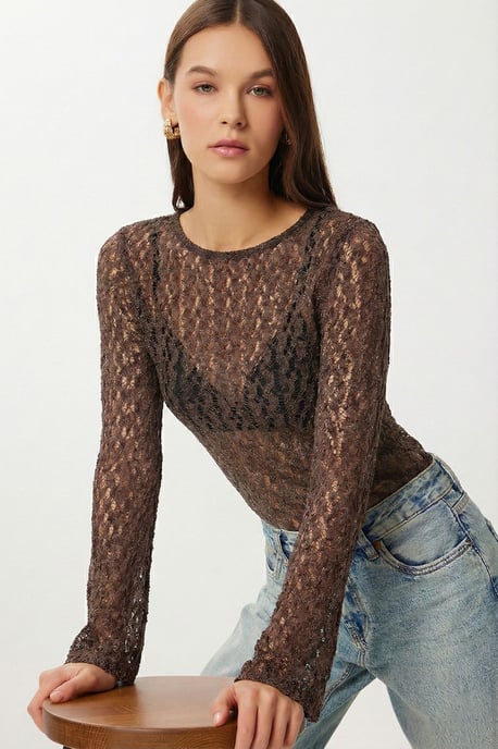 Spitzen Rundhalsausschnitt Bluse mit langen Ärmeln - Image 3