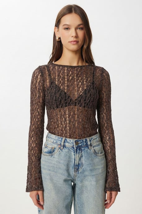 Spitzen Rundhalsausschnitt Bluse mit langen Ärmeln - Image 4