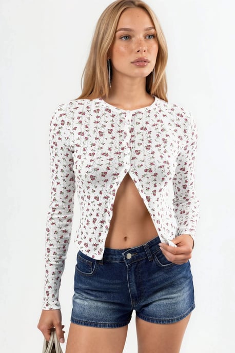 Blumenribbed Crop-Bluse mit Knopfverschluss - Image 2