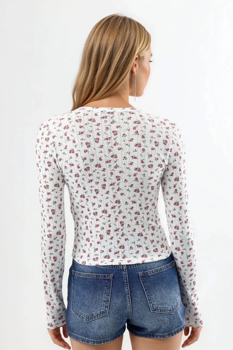 Blumenribbed Crop-Bluse mit Knopfverschluss - Image 4