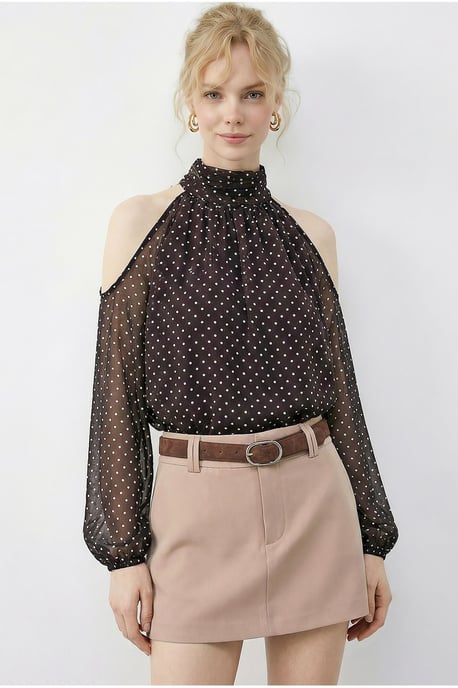 Punktmuster Chiffon Rollkragenbluse mit Cut-Out - Image 2