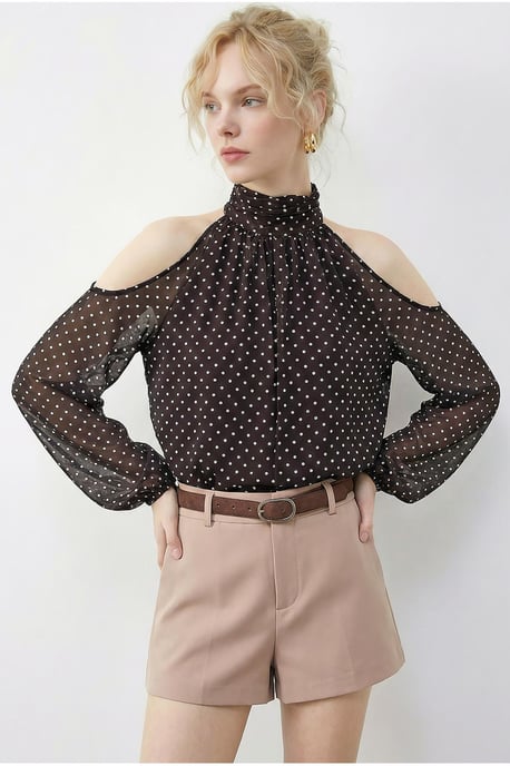 Punktmuster Chiffon Rollkragenbluse mit Cut-Out - Image 3